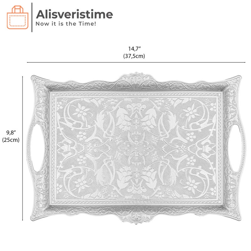 Alisveristime Ottoman Turkish Zamak Serving Tray with Traditional Motifs, Ideal for Coffee and Tea - Six Person Tray (14.5 x 9.85 in) (Silver) - Image 3